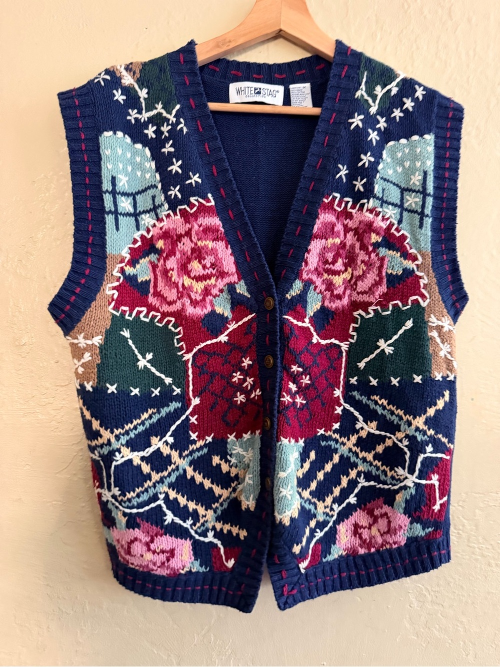 White Stag Navy Floral Knit Vest with Multicolor Rose Motifs